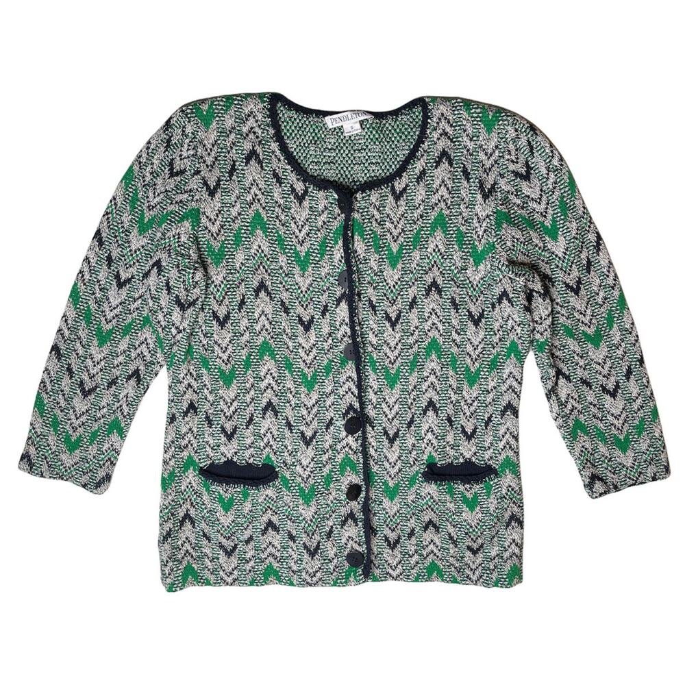 Pendleton Blue Green Chevron Button Up Cotton Silk Cardigan Sweater Womens S